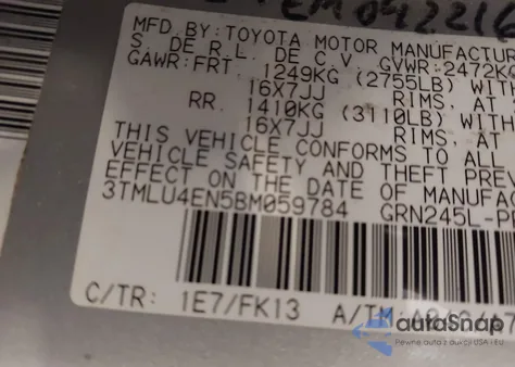 2011 Toyota Tacoma Base V6 z USA, uszkodzony, nr VIN 3TMLU4EN5BM059784